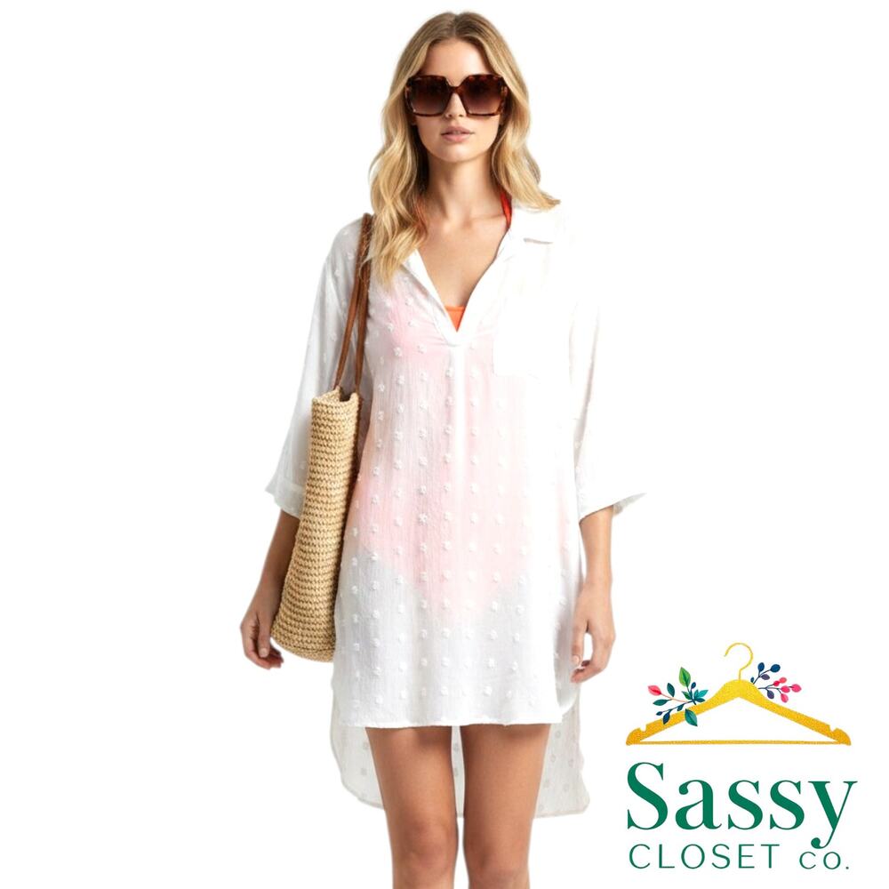 White Swiss Dot Swim Cover Up Shirt L Clip Dot High Low Tunic Beach Dress EUC